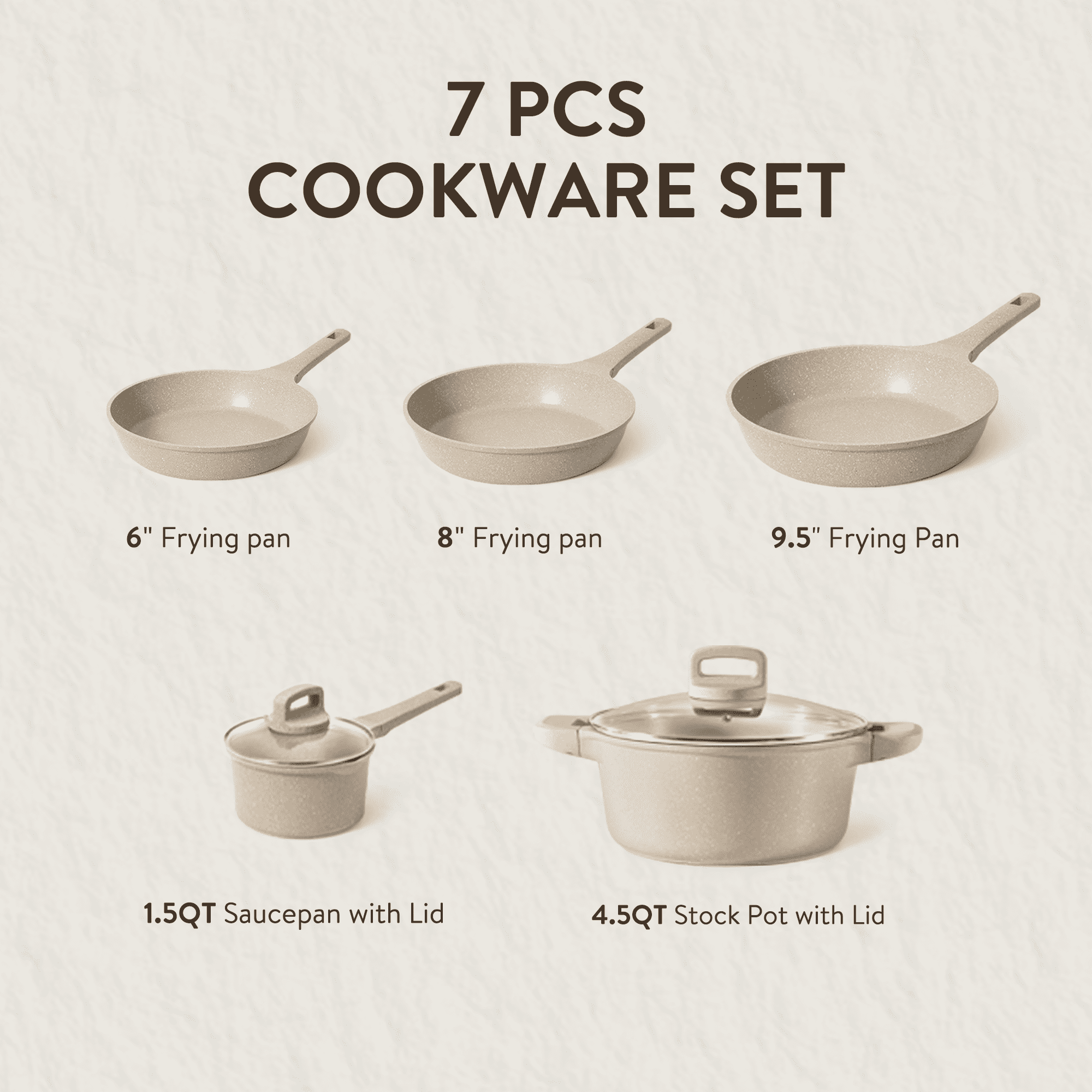 Carote Nonstick Cookware Set 7-Piece,Kitchen Pots and Pans Set,Stay-Cool Handles,Induction Compatible,Cookware Set for RV and Camping,Taupe