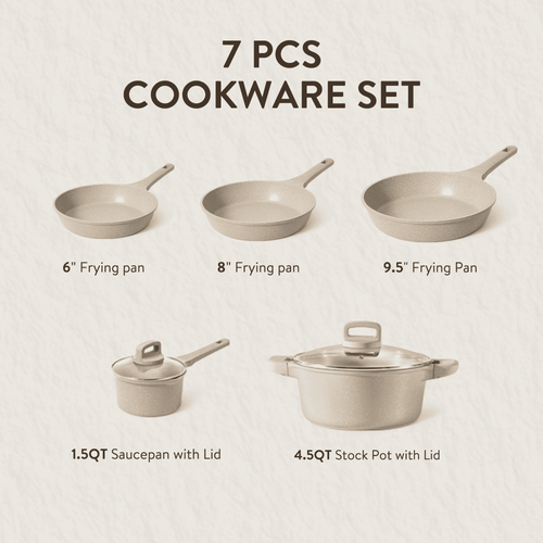 Carote Nonstick Cookware Set 7-Piece,Kitchen Pots and Pans Set,Stay-Cool Handles,Induction Compatible,Cookware Set for RV and Camping,Taupe