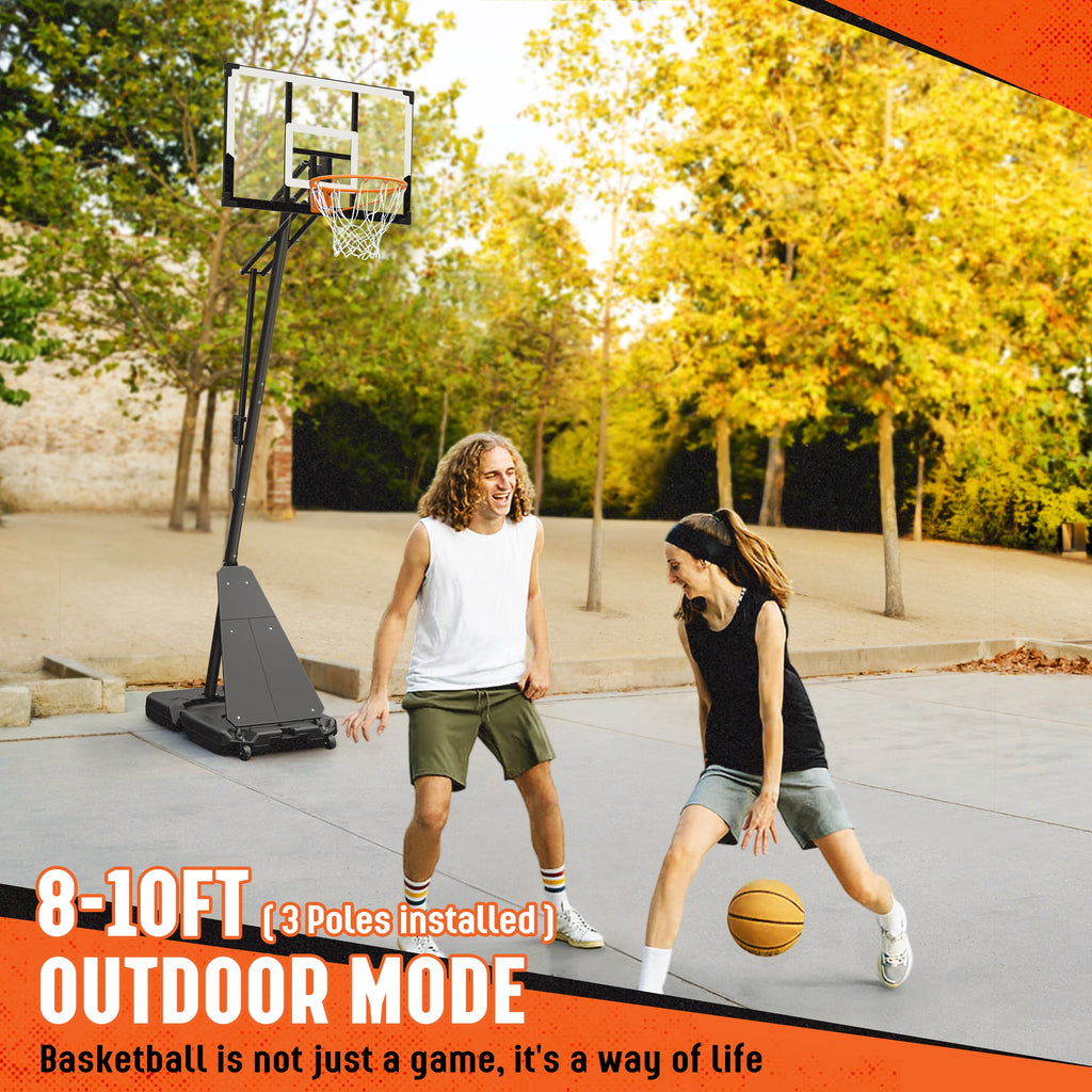 SERAY Basketball Hoop with 4.9-10 feet Height Adjustable for Kids/Adults, Portable Basketball Goal with 44 inch Backboard and 2 Wheels for Outdoor/Indoor Sports