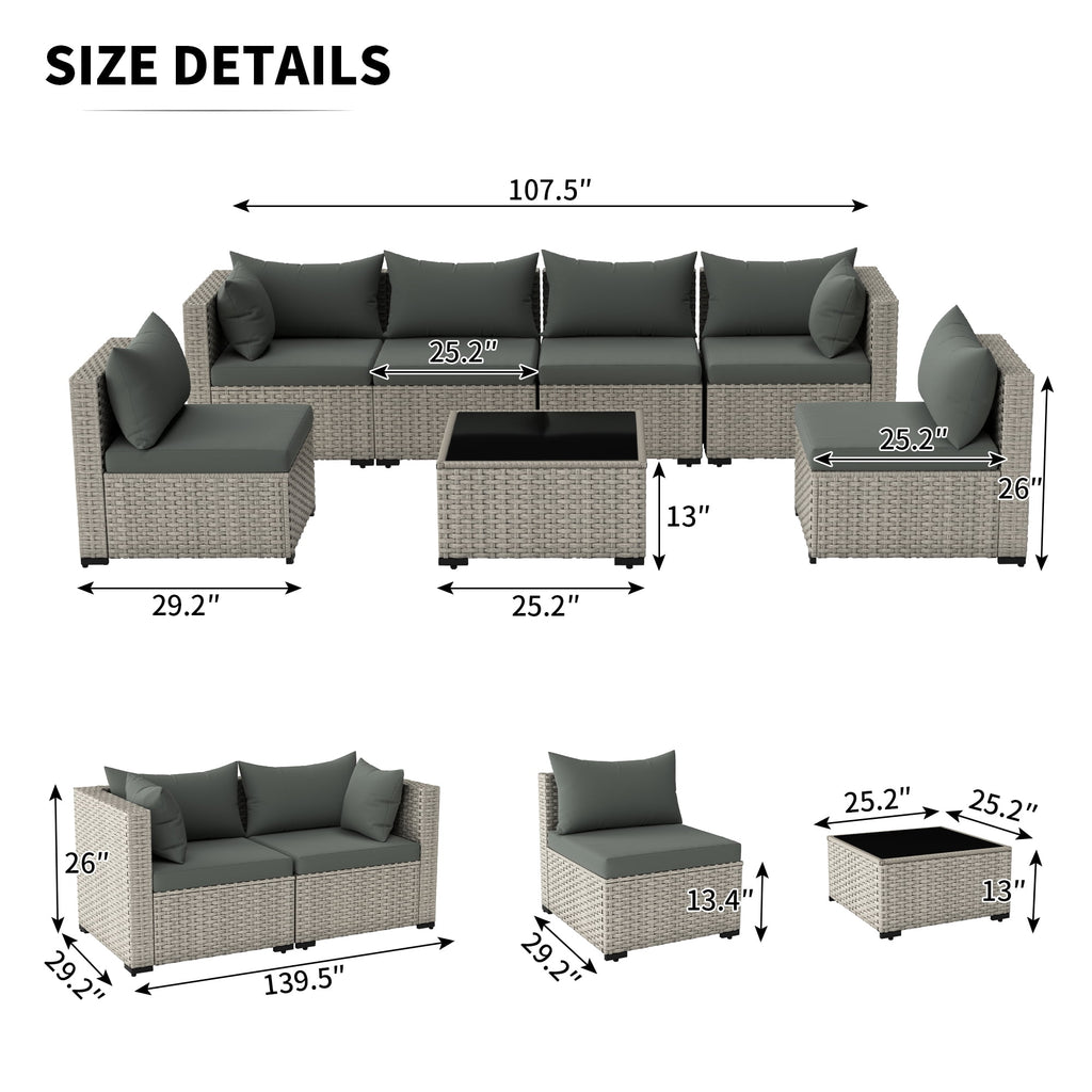 7 Pieces Patio Conversation Set, Outdoor Sectional PE Rattan Wicker Furniture Seat,Dark Gray