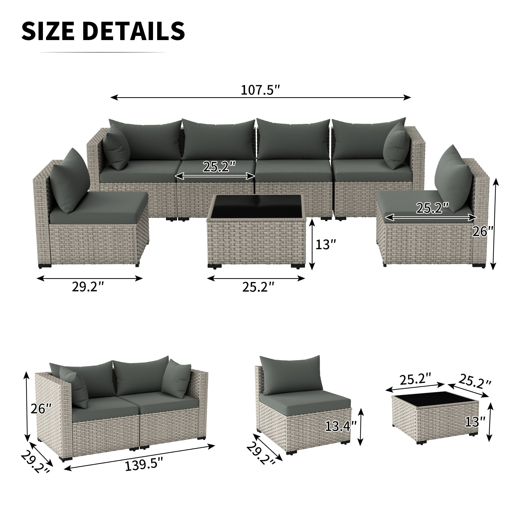 7 Pieces Patio Conversation Set, Outdoor Sectional PE Rattan Wicker Furniture Seat,Dark Gray