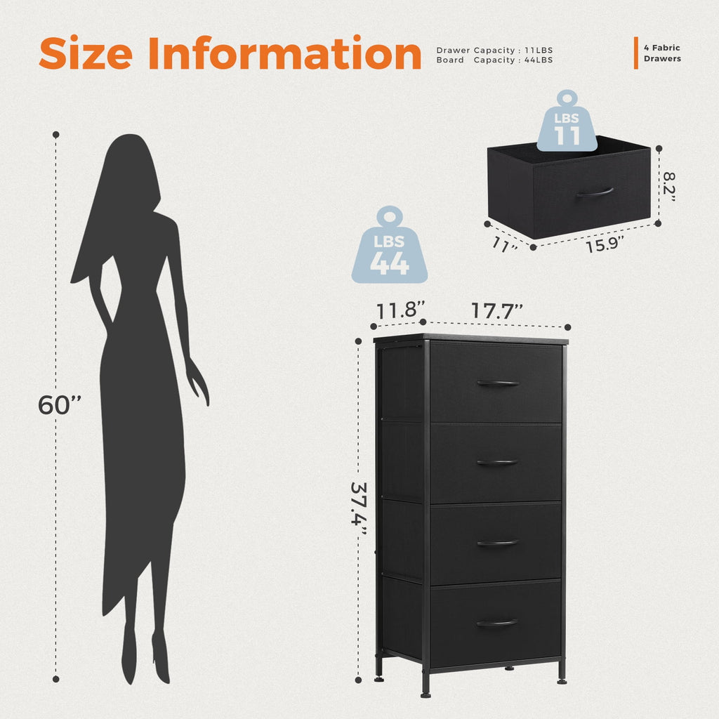 CONCETTA 4 Drawer Dresser, Wide Chest Drawers Nightstand Storage Tower Storage Fabric Dresser With Wood Top for Living Room, Bedroom, Closet, Black