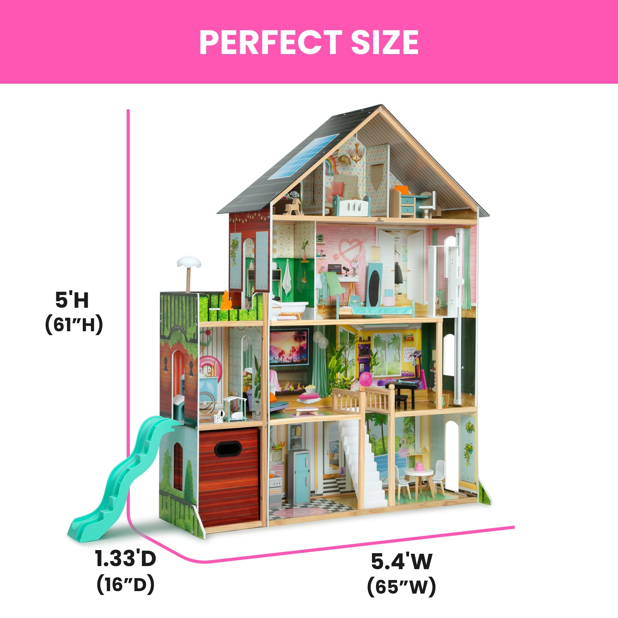 Delta Children Deluxe Maui Dollhouse with 50 Accessories - Large Wooden 4-Story Dollhouse with 12 Rooms - Working Elevator, Slide, Lights/Sounds - Fits 12-inch Dolls - Pretend Play Gift for Ages 3+