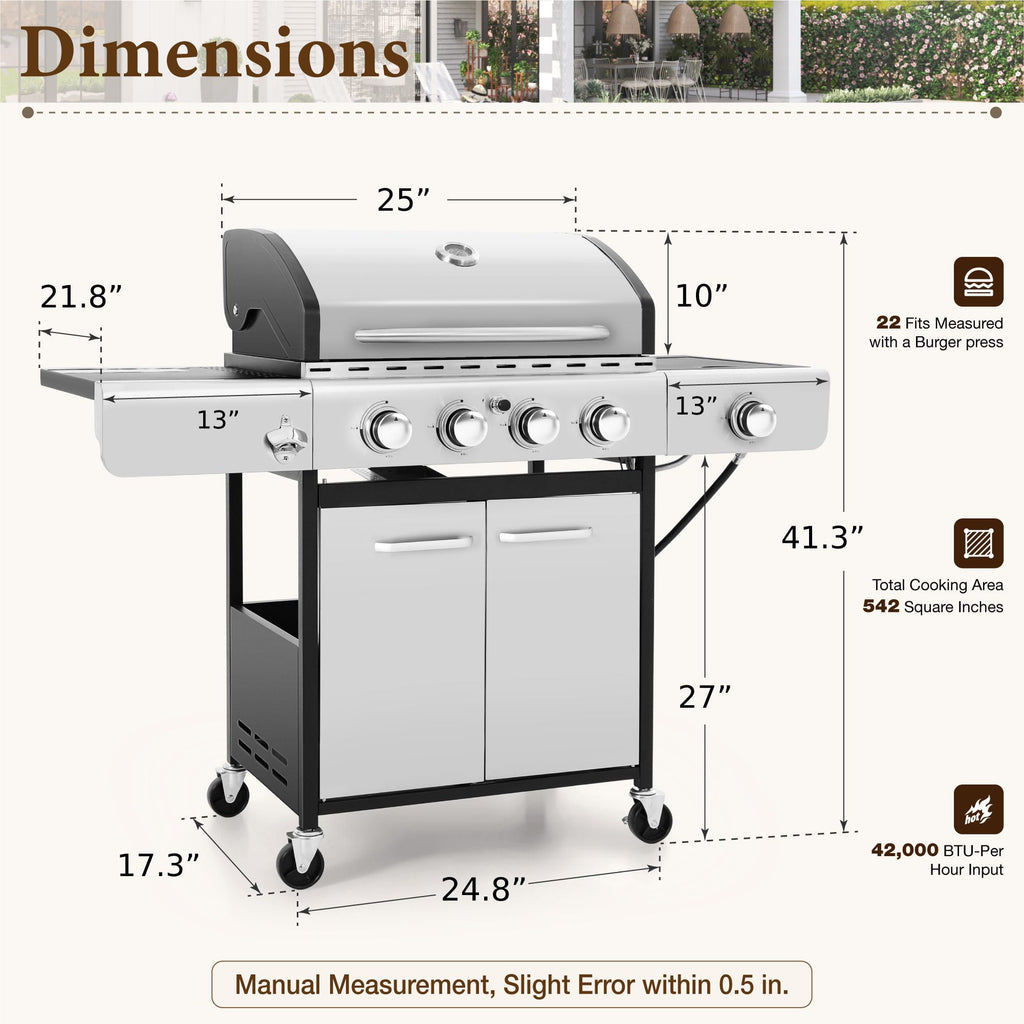 MF Studio 4 Burner Propane Gas Outdoor Grill with Side Burner Stainless Steel BBQ Grill