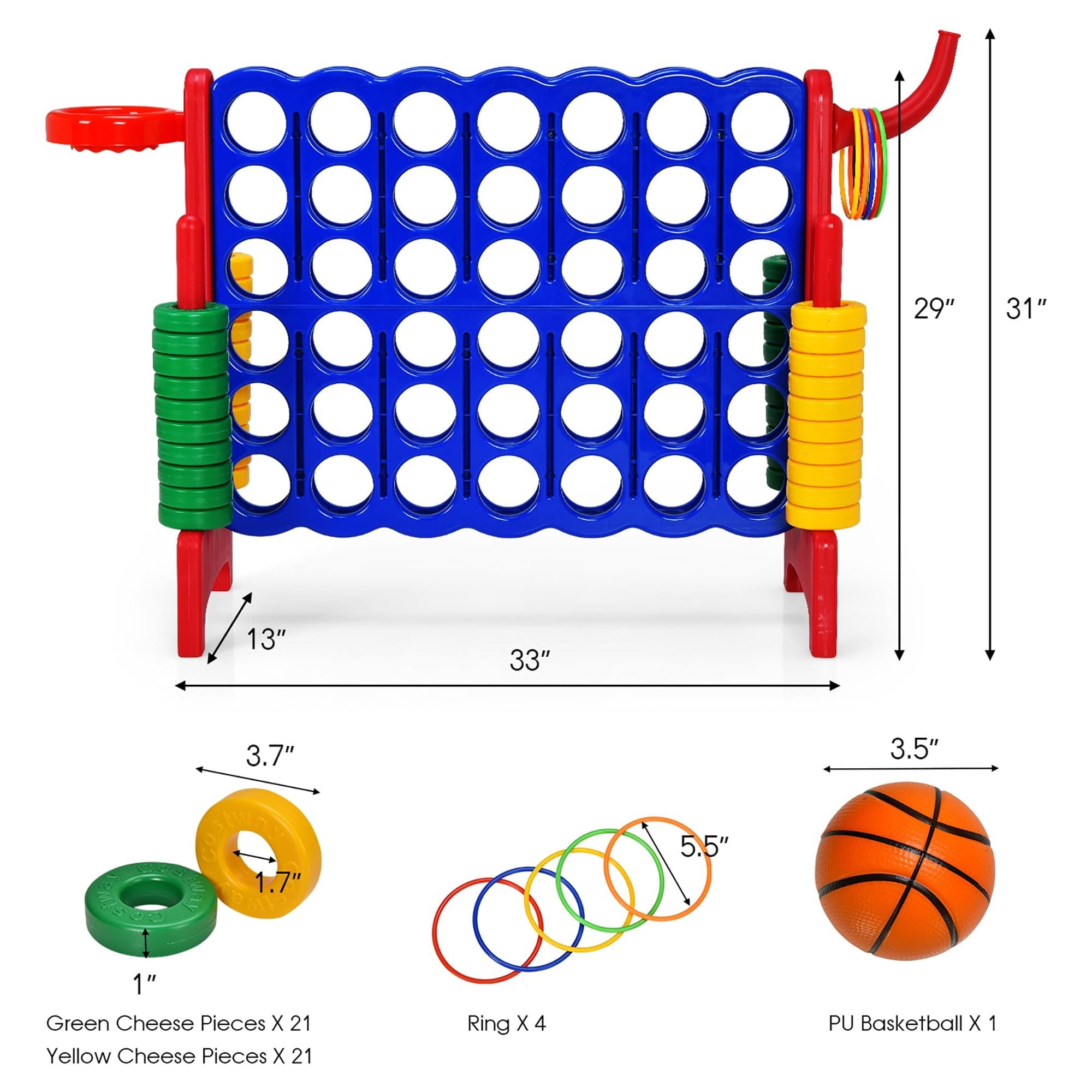 Costway 4-in-A Row Giant Game Set w/Basketball Hoop for Family Red