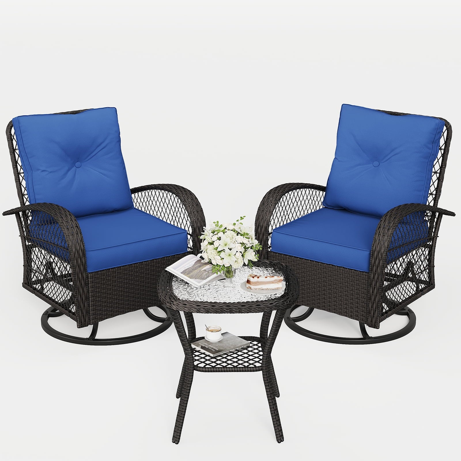 ELPOSUN 3 Pieces Patio Furniture Set, Outdoor Swivel Gliders Rocker, Wicker Patio Bistro Set with Rattan Rocking Chair, Glass Top Side Table and Thickened Cushions for Porch Deck Backyard