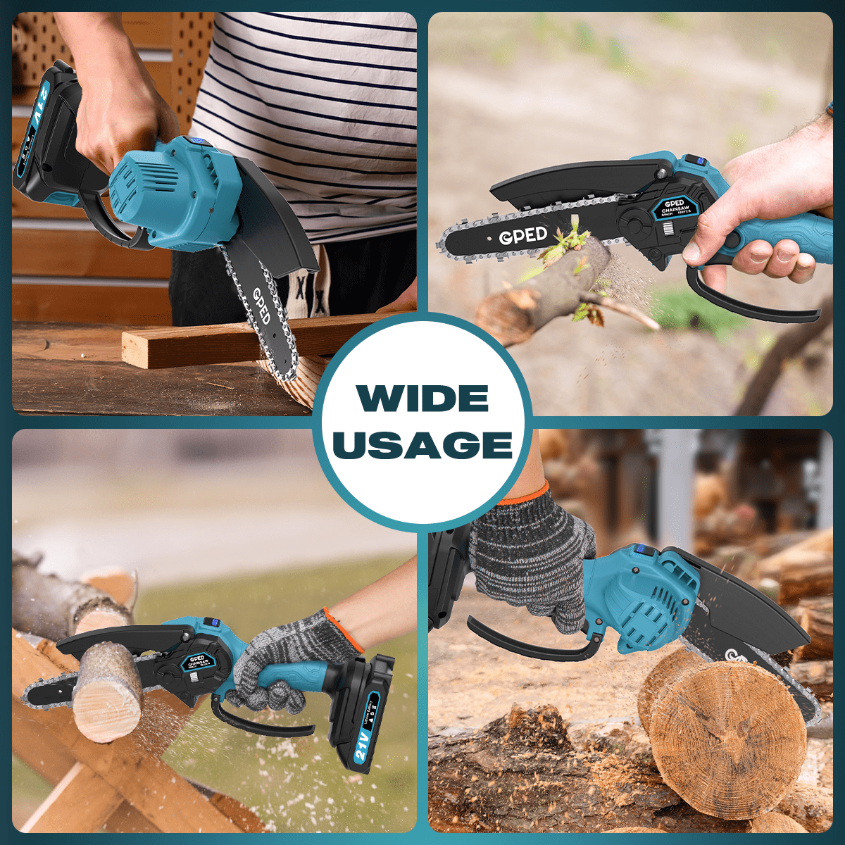 GPED Mini Chainsaw, 6 inch Portable Electric Chainsaw Cordless, Handheld Chain Saw Pruning Shears Chainsaw for Tree Branches, Courtyard, Household and Garden, Blue