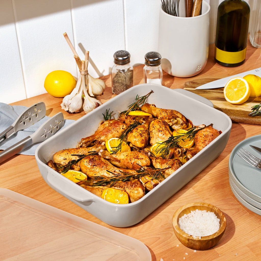 Beautiful 9”x 13” Stoneware Baker with Plastic Lid, Porcini Taupe by Drew Barrymore
