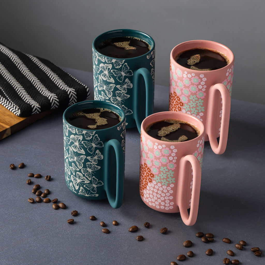 Thyme & Table 4 Pack Green Butterflies and Pink Flowers Mugs 19.6 fl oz, Soft Touch, Stoneware