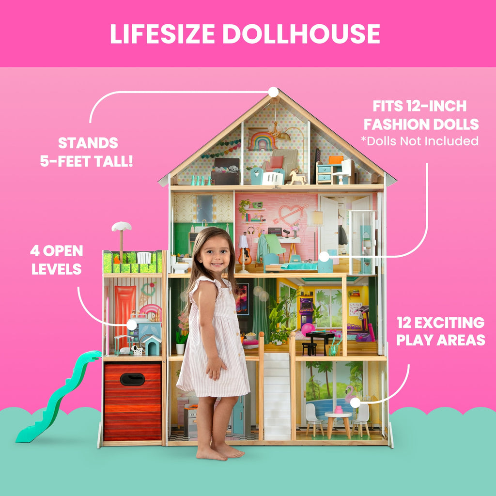 Delta Children Deluxe Maui Dollhouse with 50 Accessories - Large Wooden 4-Story Dollhouse with 12 Rooms - Working Elevator, Slide, Lights/Sounds - Fits 12-inch Dolls - Pretend Play Gift for Ages 3+