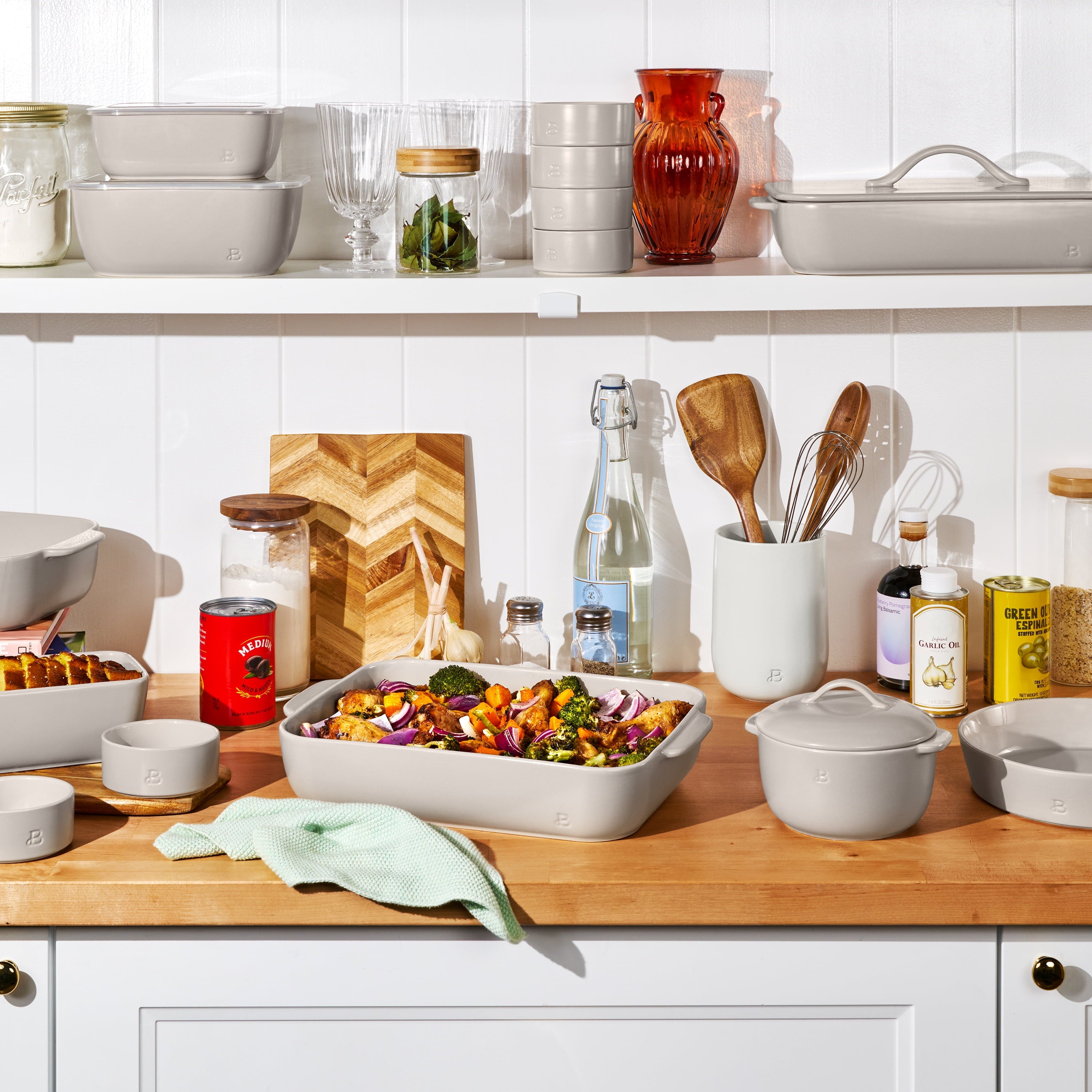 Beautiful 9”x 13” Stoneware Baker with Plastic Lid, Porcini Taupe by Drew Barrymore